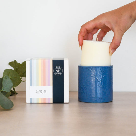 Lino print Botanical Candle Pot with Refill-Denim Blue