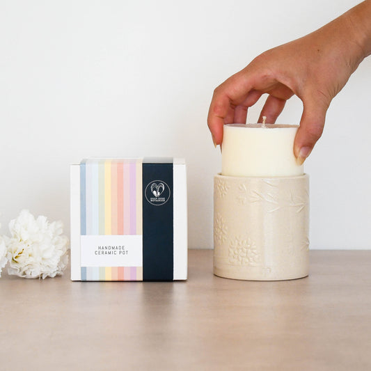 Lino print Botanical Candle Pot with Refill-Clotted Cream