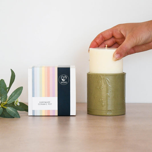 Lino print Botanical Candle Pot with Refill-Olive Green