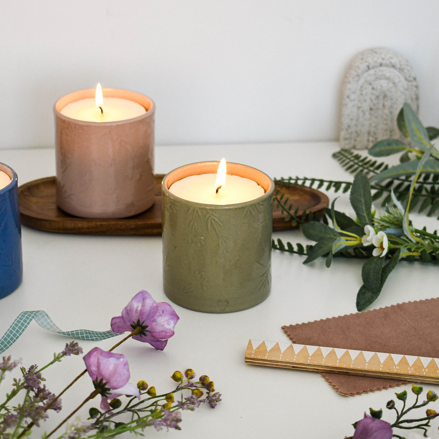 Lino print Botanical Candle Pot with Refill-Blush Pink