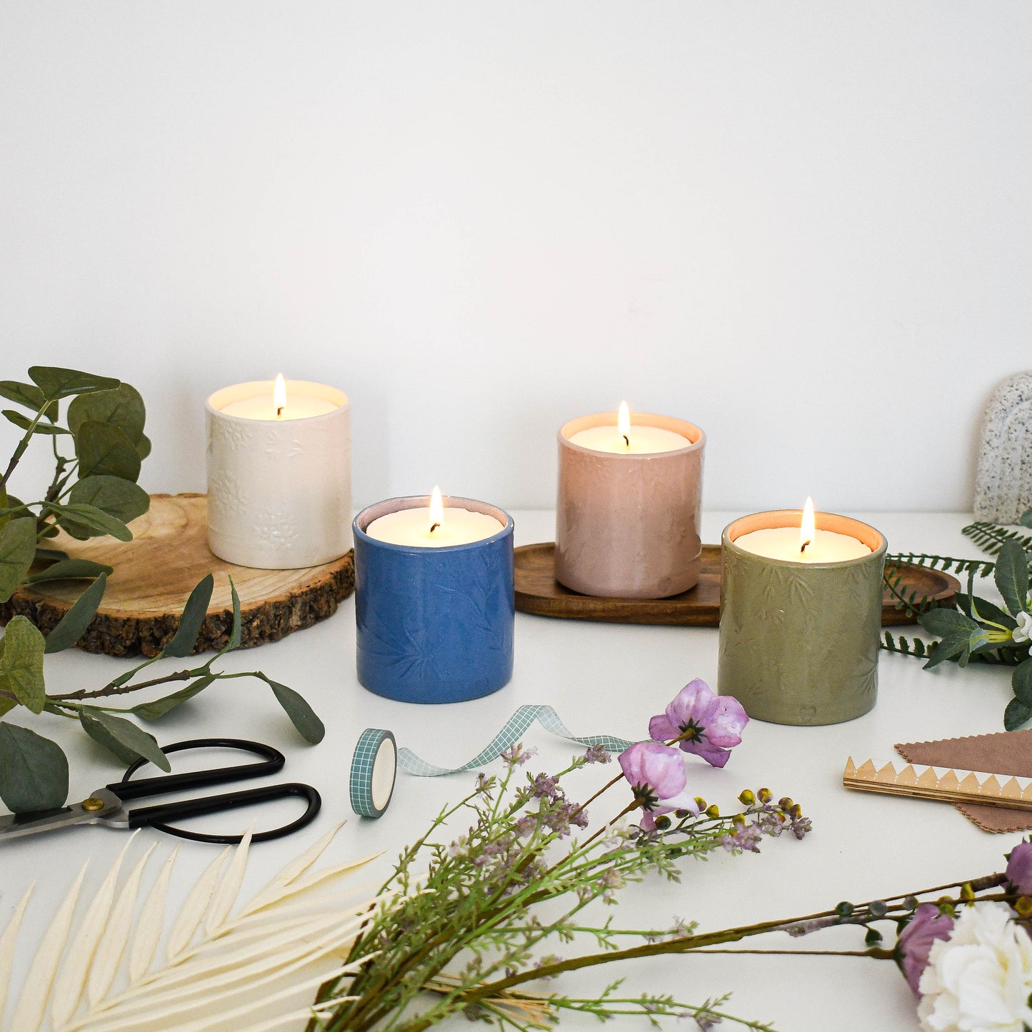 Lino print Botanical Candle Pot with Refill-Clotted Cream