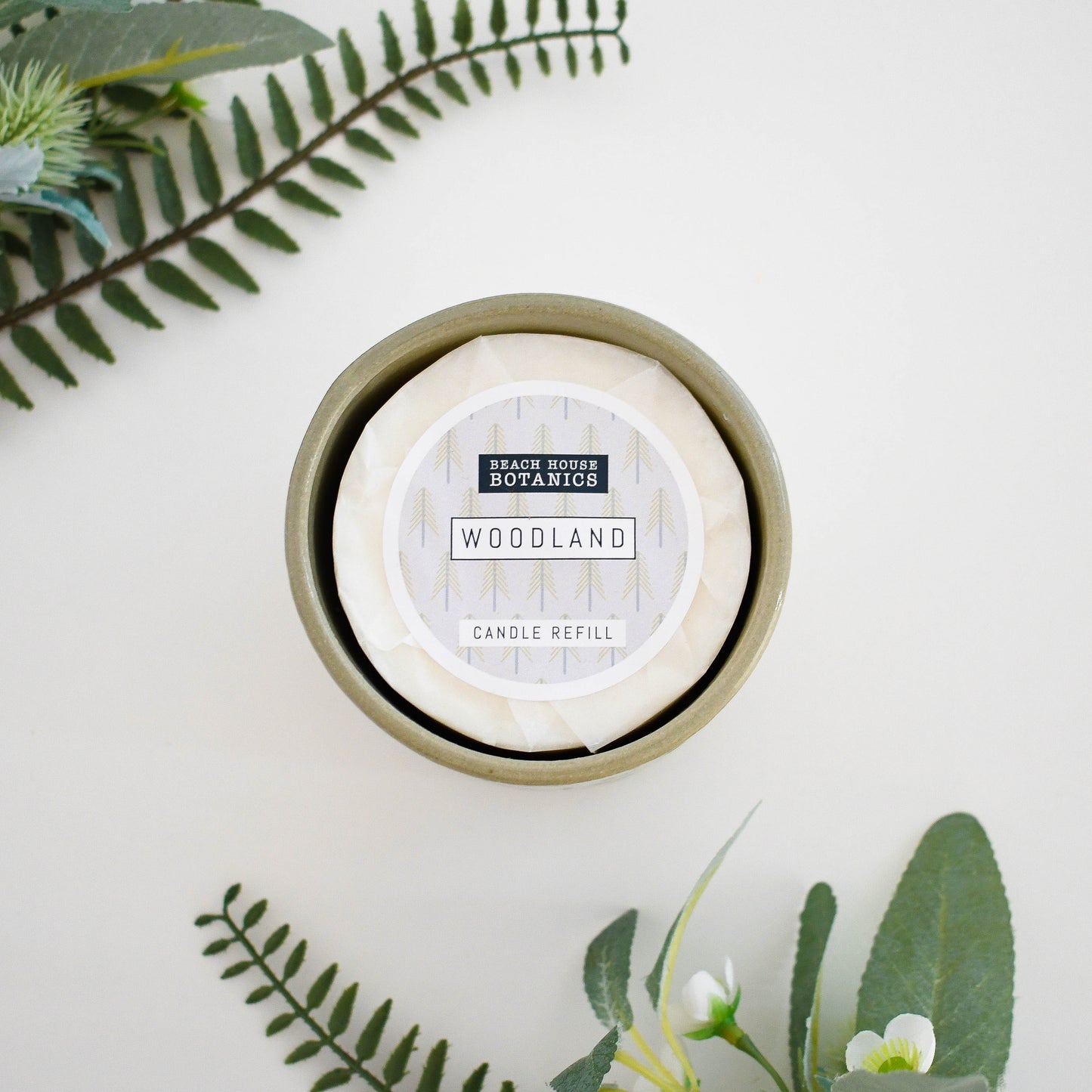 Lino print Botanical Candle Pot with Refill-Olive Green