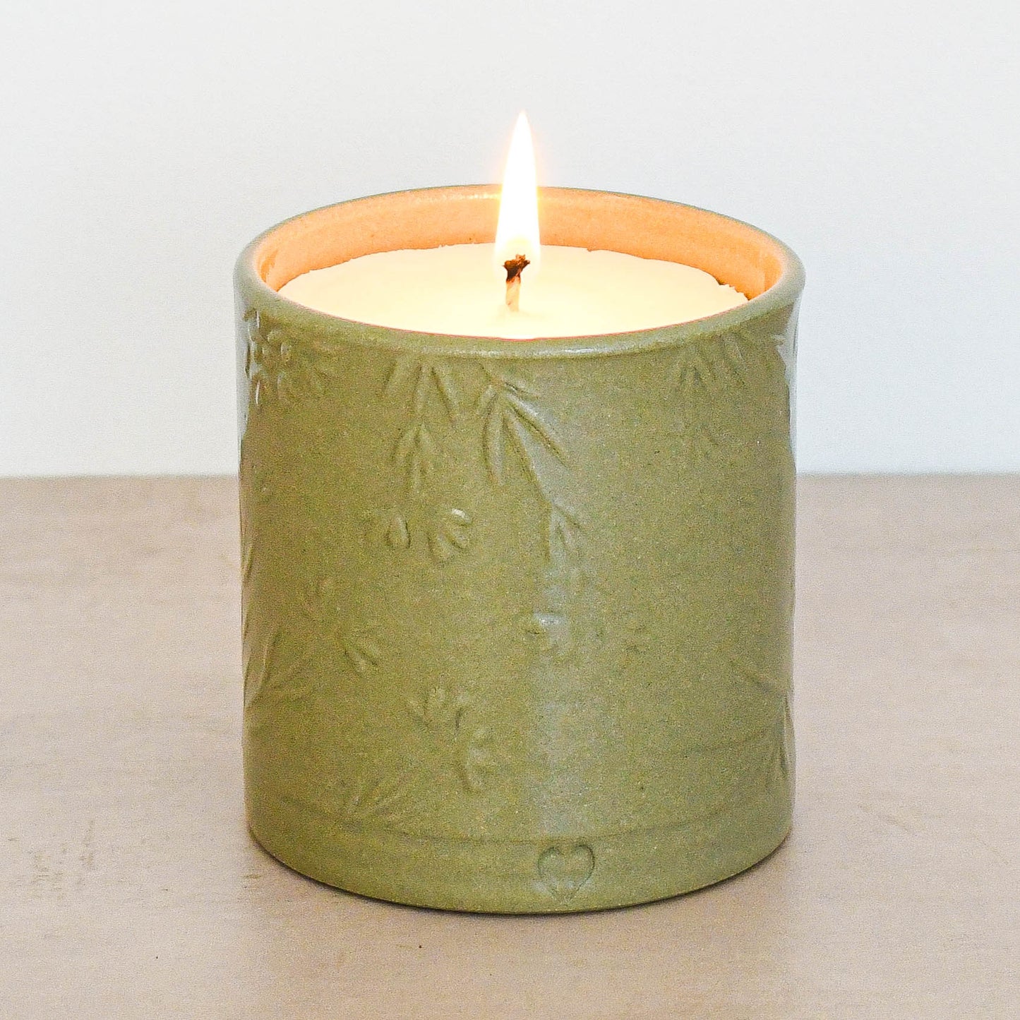 Lino print Botanical Candle Pot with Refill-Olive Green